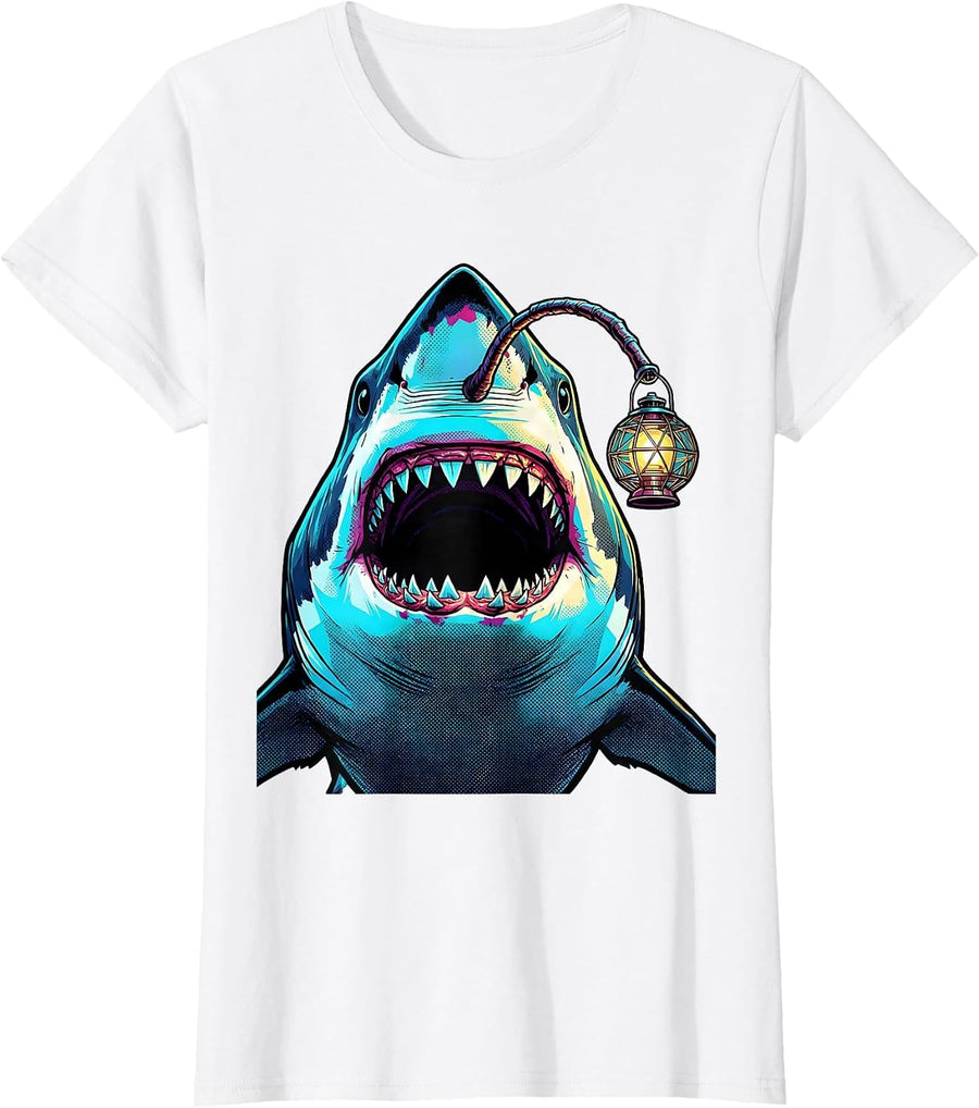 Women's Deep Sea Anglerfish Shark Lantern Illustration T-Shirt - White