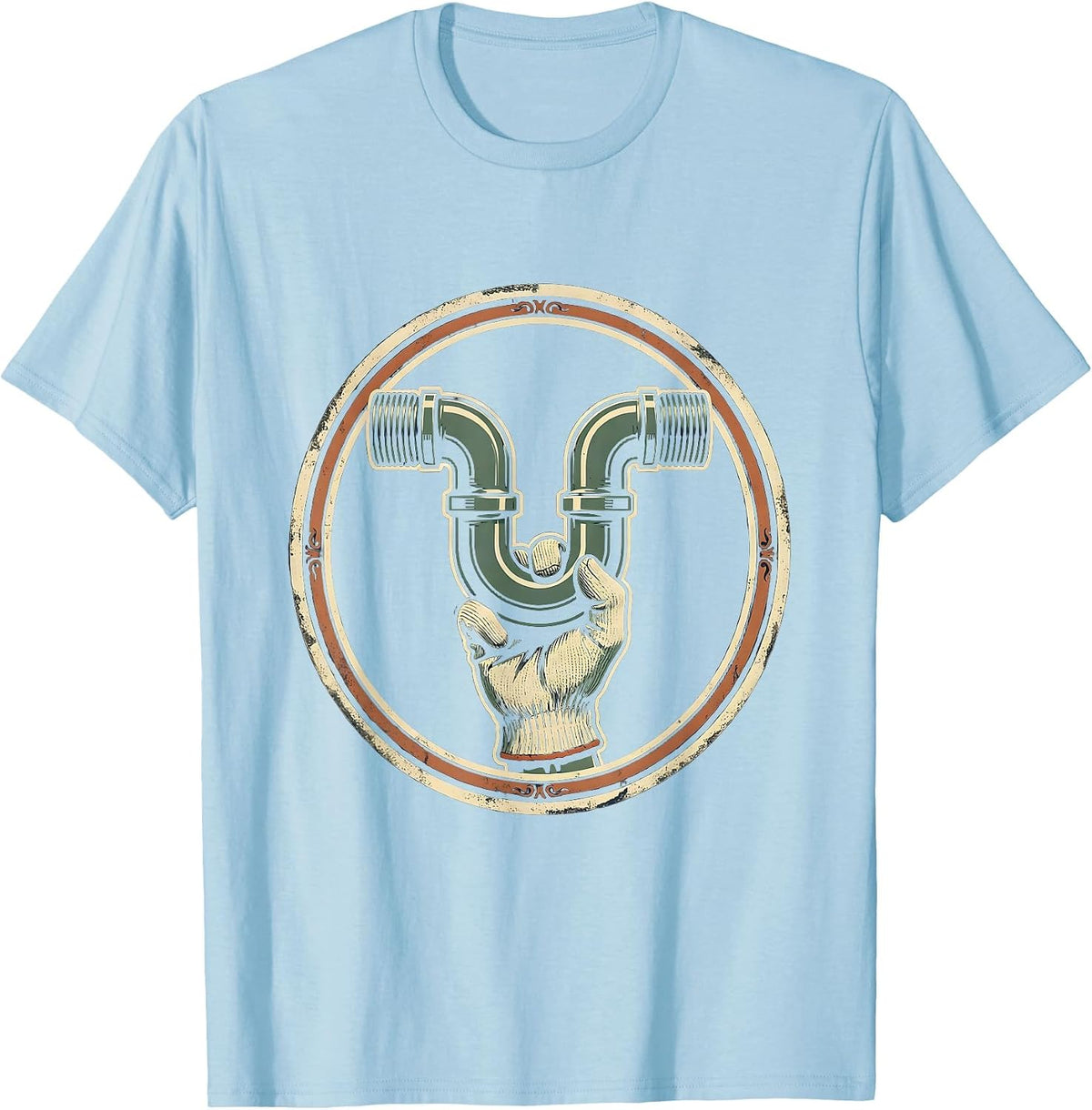 Men's Sealed Trap Badge Vintage Plumber Pipefitter Humor T-Shirt - Baby Blue