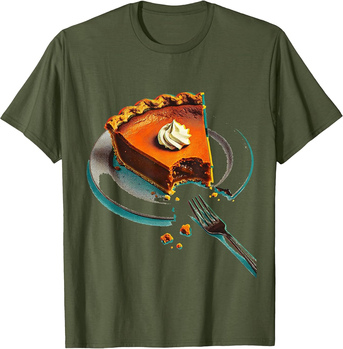 Oversized Pumpkin Pie Wedge Risograph Funny Thanksgiving T-Shirt - Olive Green