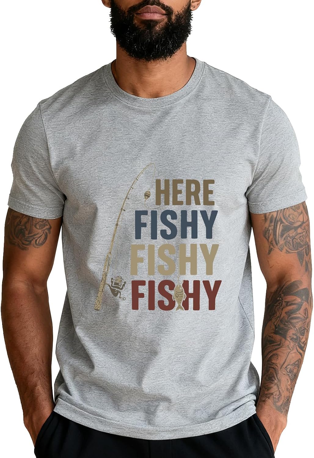 Here Fishy Fishy Fishy Fishing Angler Deep Sea Fishing Funny T-Shirt - Grey