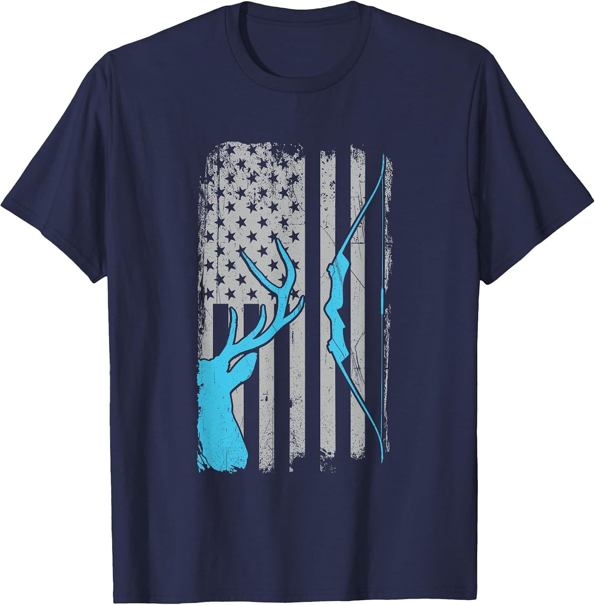 Recurve Bow Hunting - Whitetail Deer Hunter Archer USA Flag T-Shirt - Navy Blue