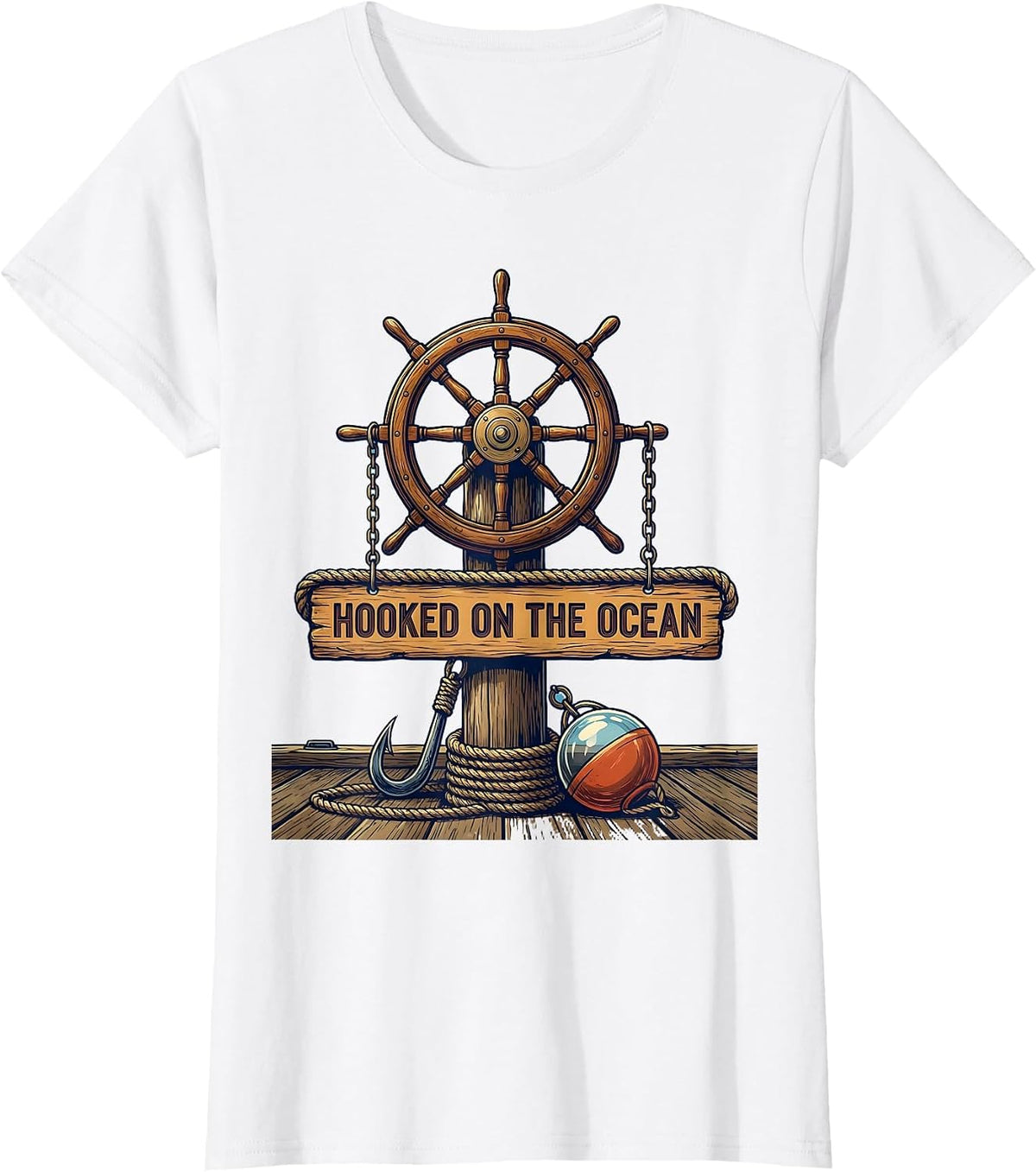 Hooked on the Ocean Sailor Graphic Design T-Shirt - White