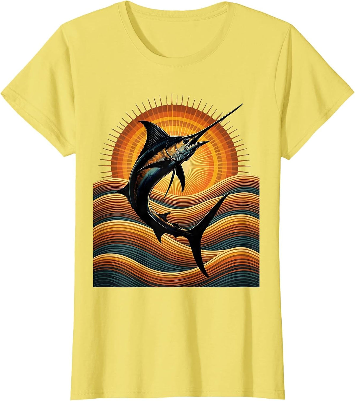 Giant Marlin Leaping Over Ocean Waves Fishing T-Shirt - Lemon Yellow