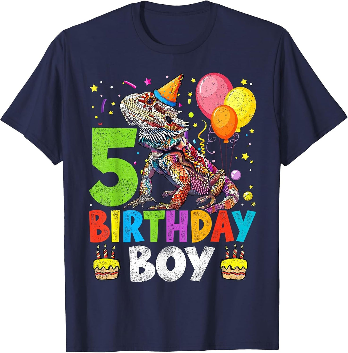 5th Birthday Boy Bearded Dragon 5 Years Old Bday Party T-Shirt - Navy Blue