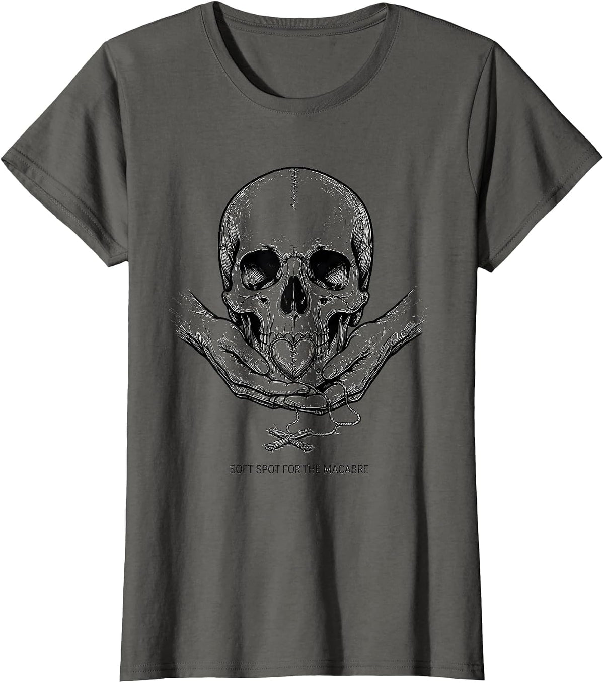 Women's Soft Spot For The Macabre Y2K Grunge Goth Alt Skull T-Shirt - Asphalt Grey