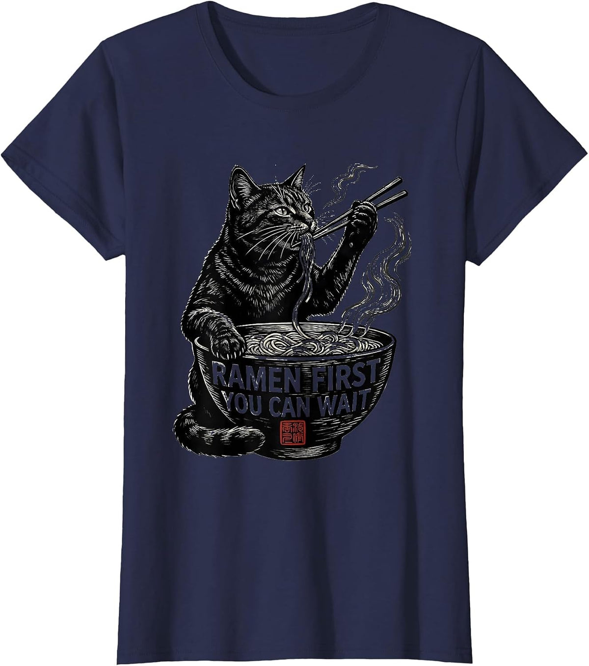 Women's Ramen First You Can Wait Funny Kawaii Cat Anime Gift T-Shirt - Navy Blue
