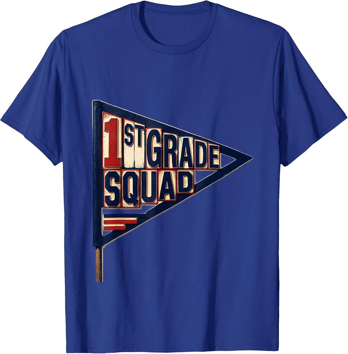 1st Grade Squad Wood Type Letterpress Teacher Crew Back T-Shirt - Royal Blue