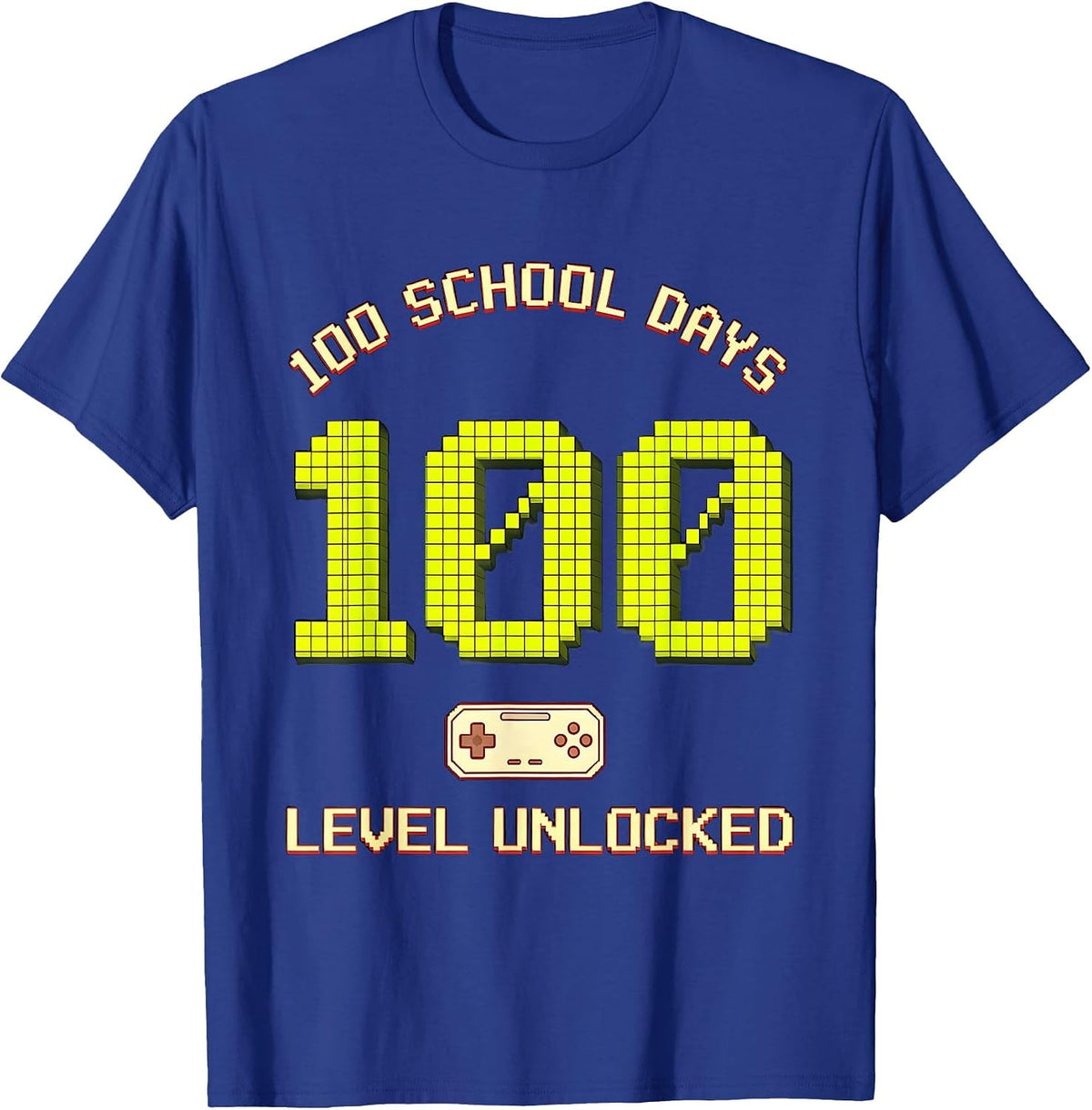 100 School Days Level Unlocked Pixel Art Gamer Milestone T-Shirt - Royal Blue