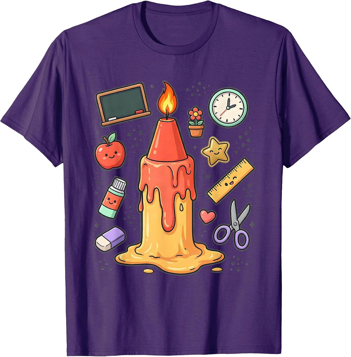 Kindergarten Teacher Melting Crayon Candle Graphic T-Shirt - Purple