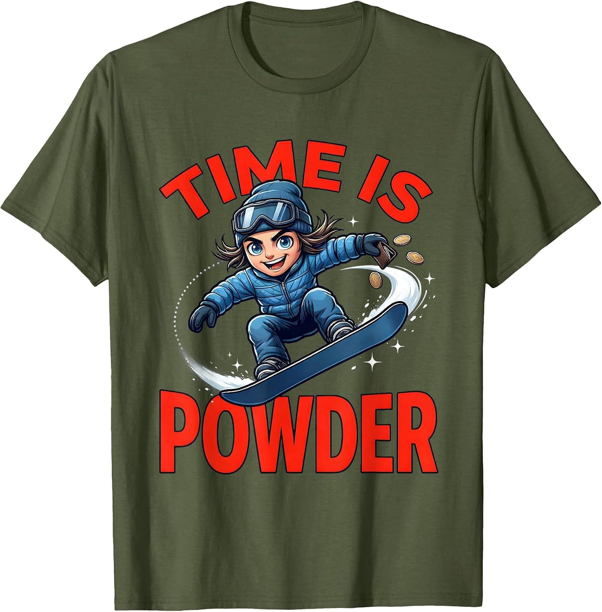 Men's TIME IS POWDER Funny Snowboarder Snowboarding Winter T-Shirt - Olive Green