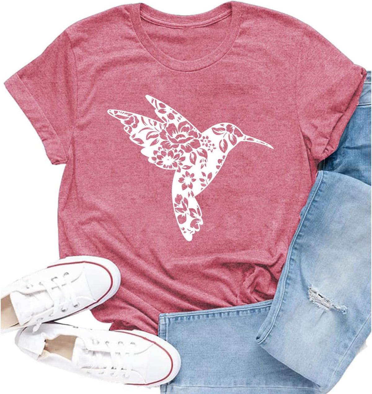 Women Hummingbird Shirt Funny Floral Bird Lover Birdwatching Tee - Pink