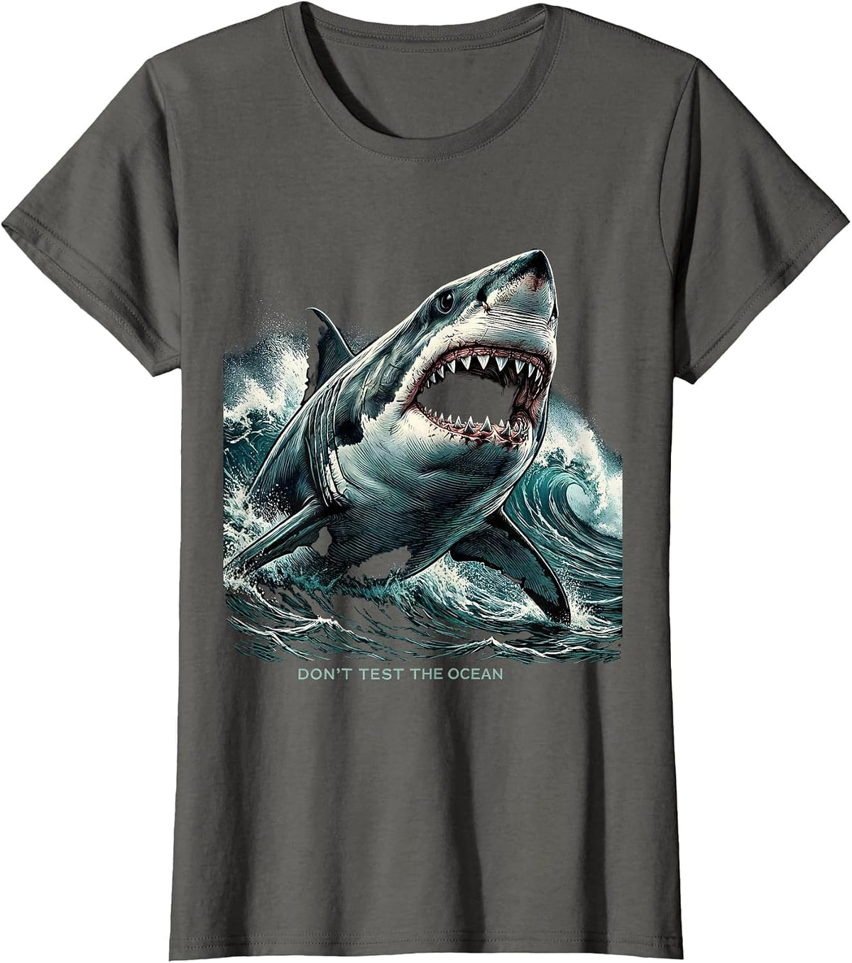 Women's Don't Test The Ocean Bold Shark Design T-Shirt - Asphalt Grey