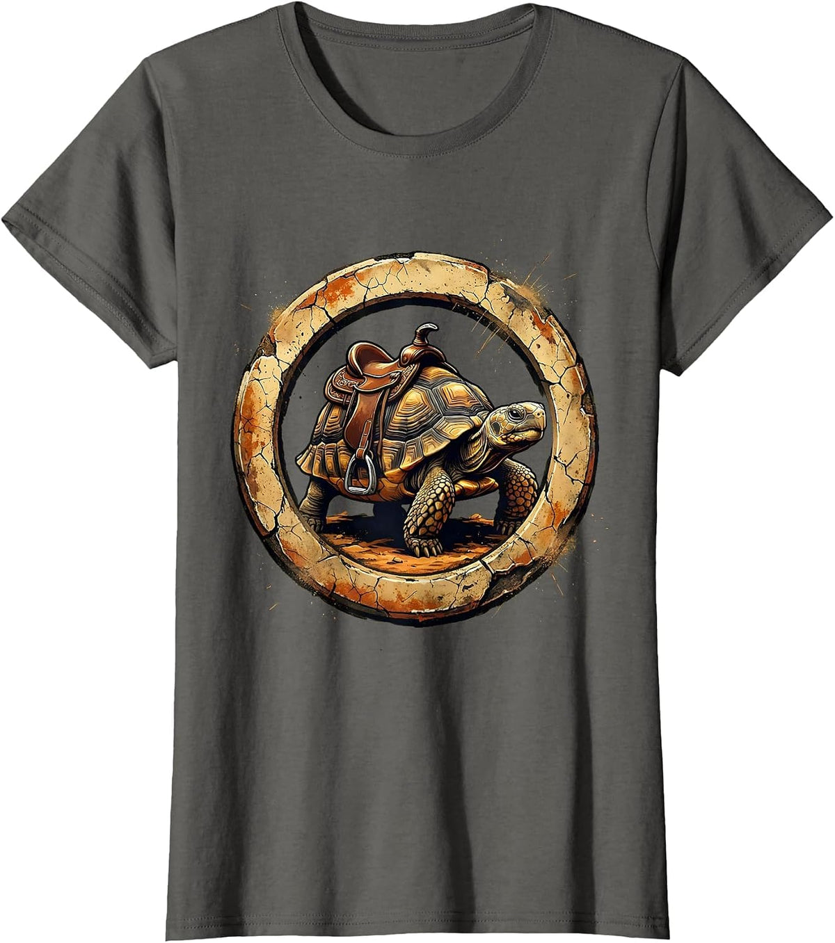 Women's Howdy Desert Tortoise With Saddle Graphic Tee T-Shirt - Asphalt Grey