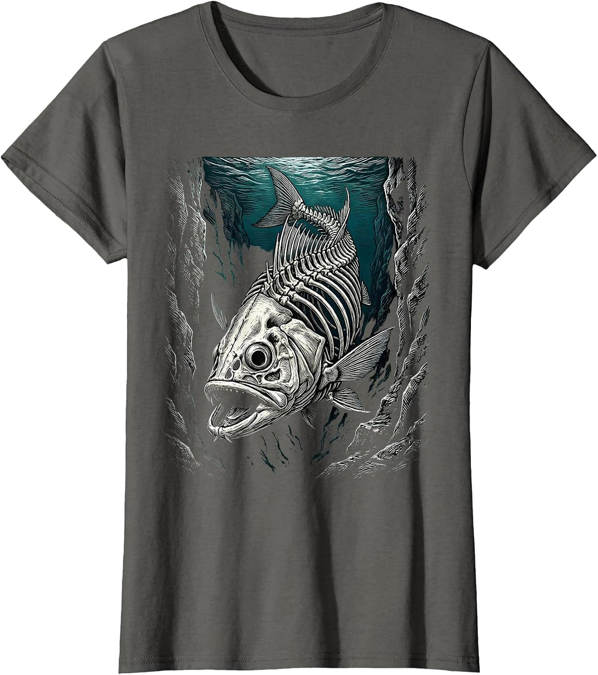 Women's Skeleton Fish Ocean Trench Deep Sea Illustration T-Shirt - Asphalt Grey