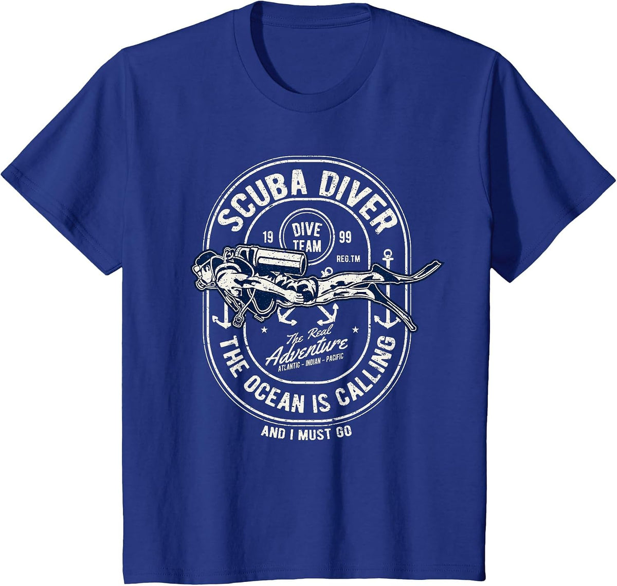 Vintage Retro Diver Distressed Scuba Diving T-Shirt - Royal Blue