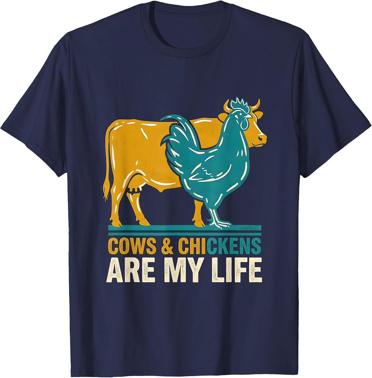 Men's Cows & Chickens Are My Life Midcentury Modern Farm Animal T-Shirt - Navy Blue