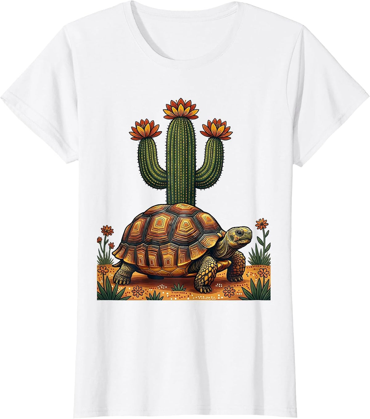 Desert Tortoise and Blooming Cactus Western Art T-Shirt - White
