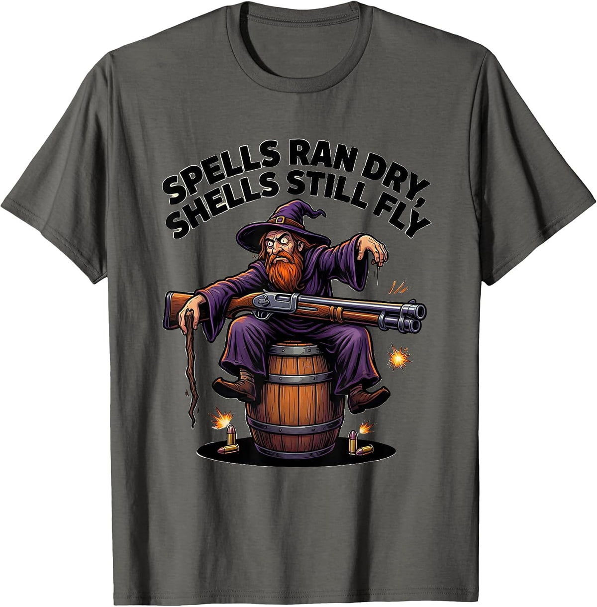 Men's Spells Ran Dry Shells Still Fly Cartoon Wizard Meme Humor T-Shirt - Asphalt Grey