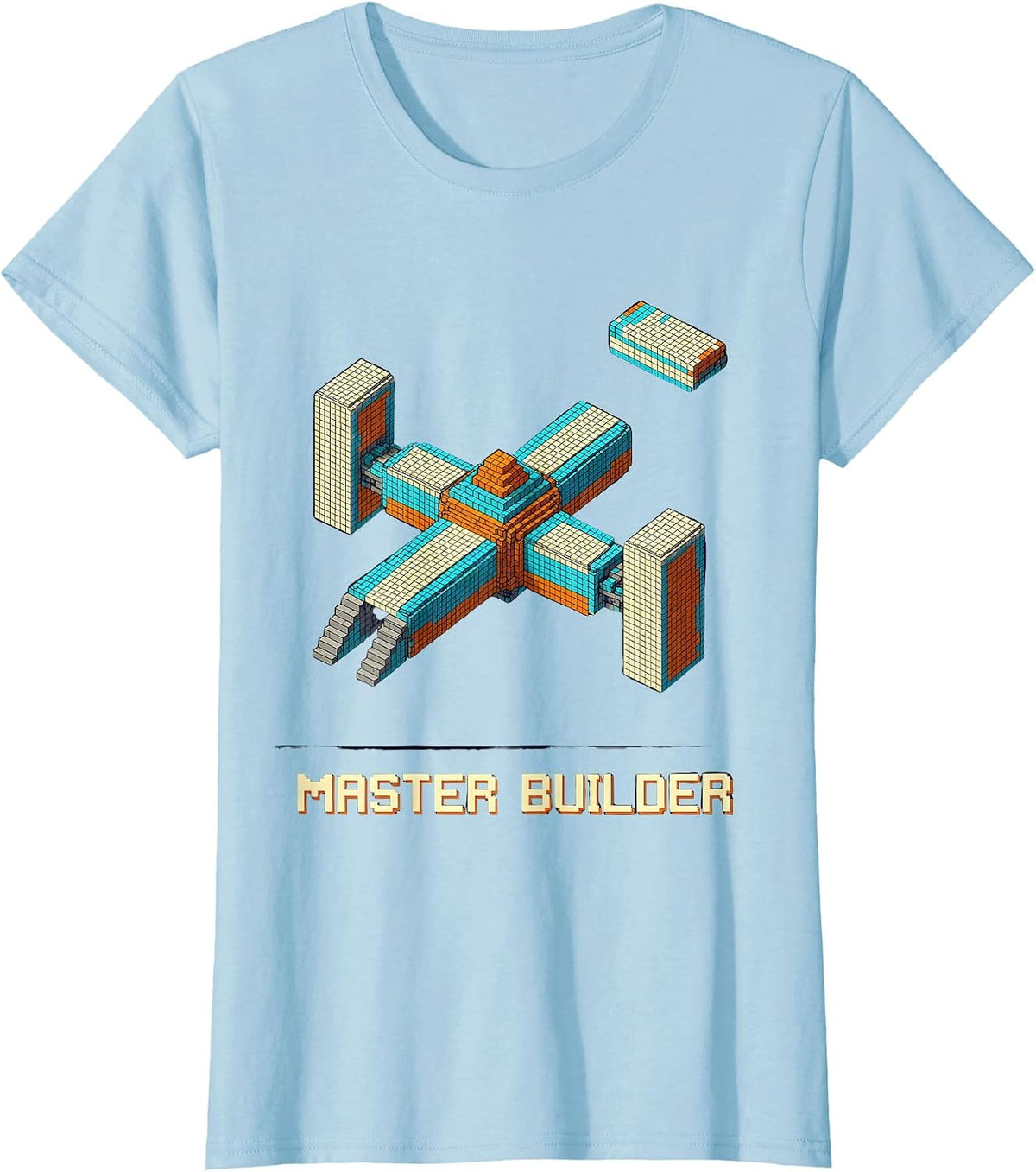 Master Builder Pixel Art Space Station Birthday Brick T-Shirt - Baby Blue