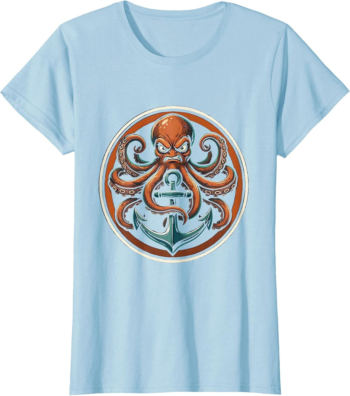 Octopus Tentacles Wrapped Around Anchor Design T-Shirt - Baby Blue