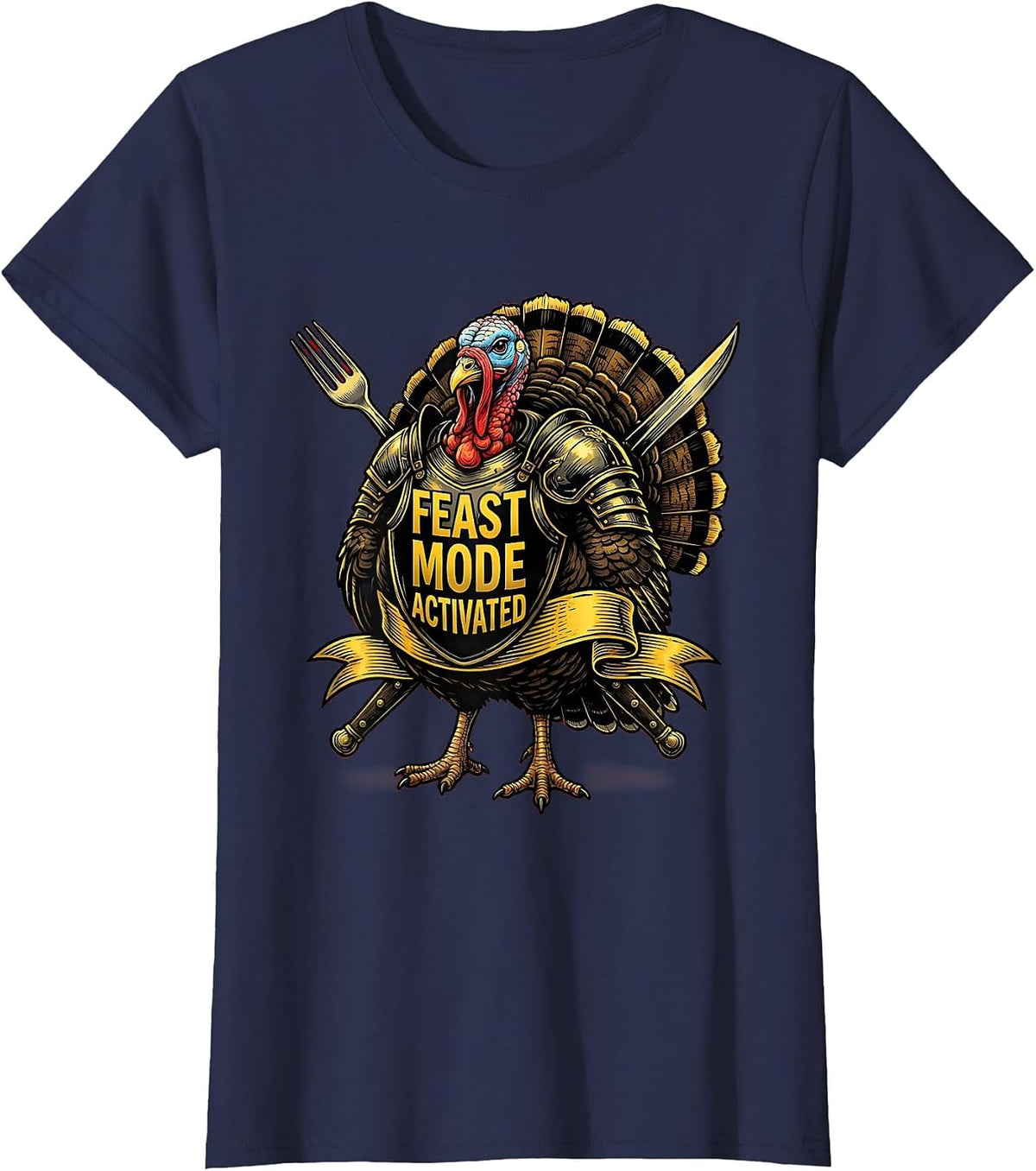 Women's Feast Mode Activated Funny Thanksgiving Design T-Shirt - Navy Blue