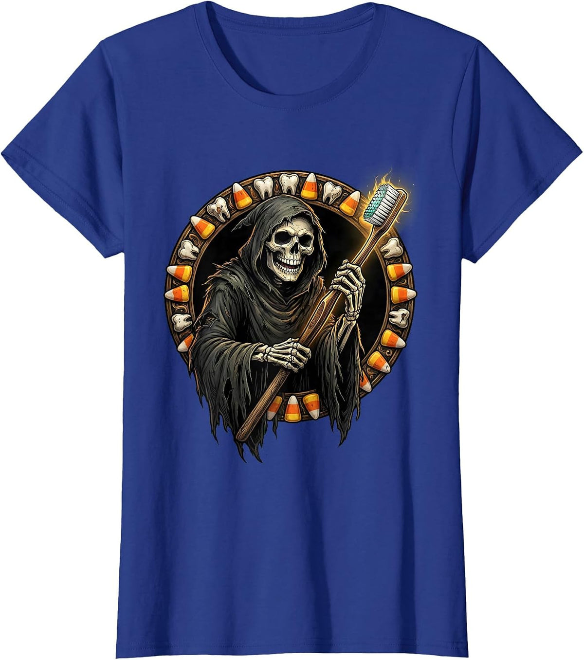 Women's Dental Halloween Grim Reaper Giant Toothbrush T-Shirt - Royal Blue