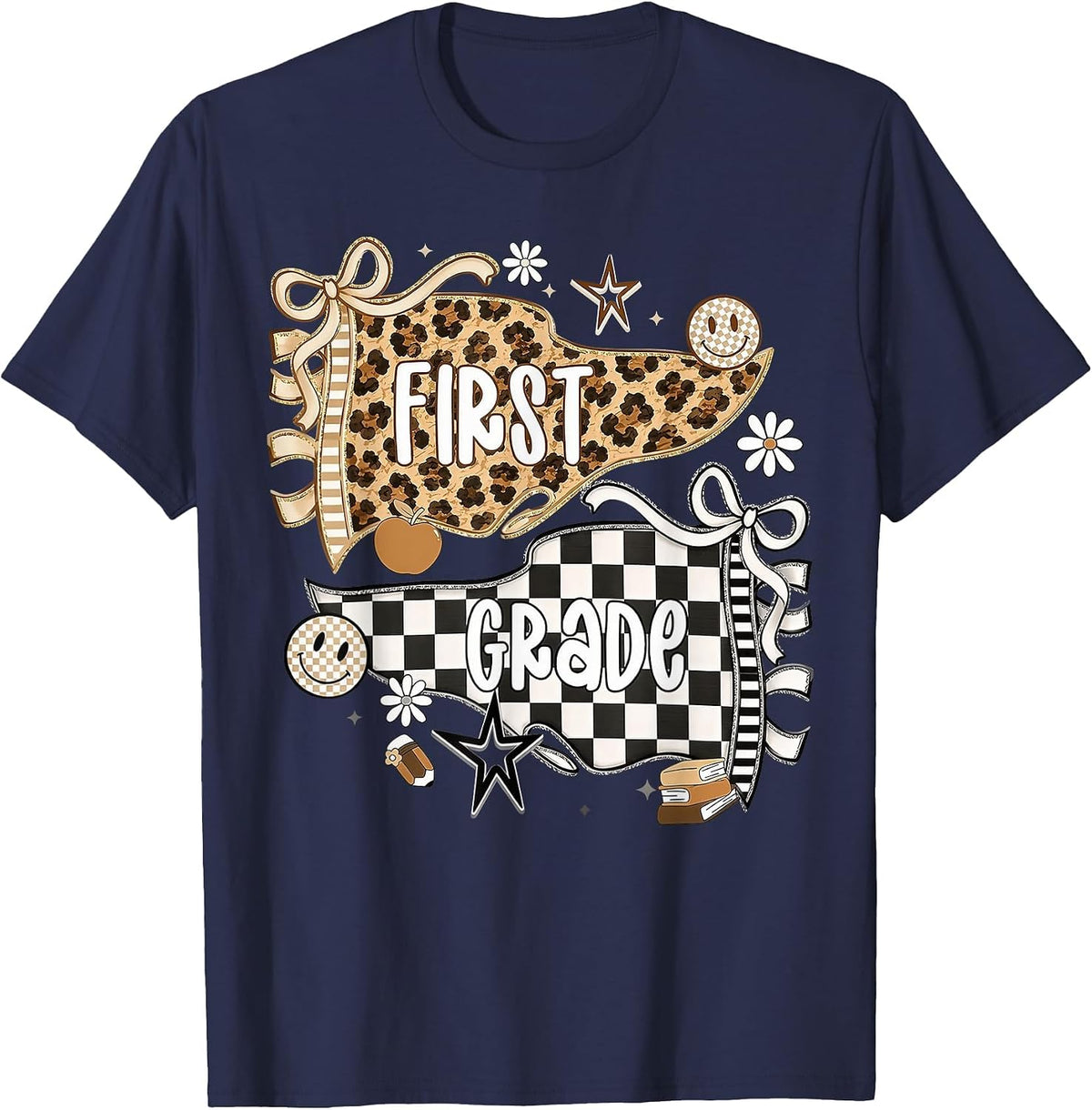 First Grade Leopard Teacher Pennant Flag Back to School T-Shirt - Navy Blue