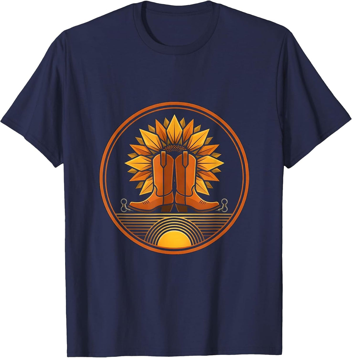 Cowboy Boots Sunflower and Spur Graphic Design T-Shirt - Navy Blue