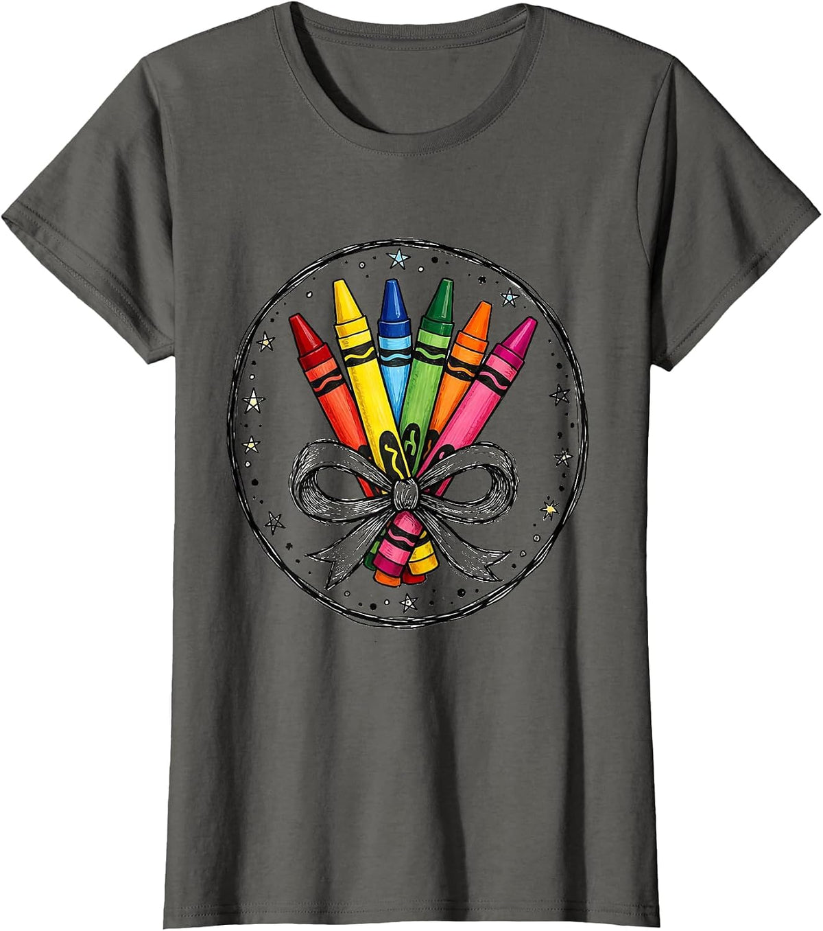 Women's Kindergarten Teacher Crayon Bundle Bow Graphic T-Shirt - Asphalt Grey