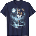 Tri Color Corgi Howling to the Moon Retro 90's Dog T-Shirt - Navy Blue
