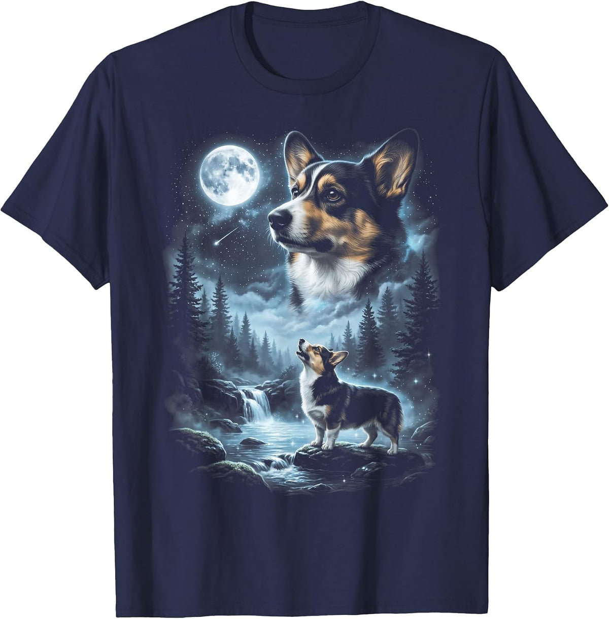 Tri Color Corgi Howling to the Moon Retro 90's Dog T-Shirt - Navy Blue