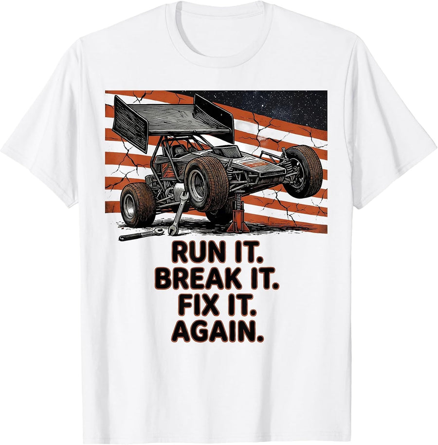 Men's Run It Break It Fix It Again Patriotic RC Car Racing Sprint T-Shirt - White