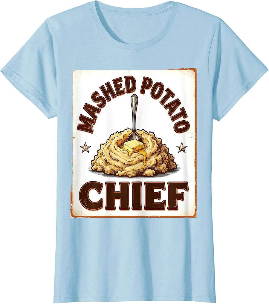 Women's Mashed Potato Chief Vintage Funny Thanksgiving Family T-Shirt - Baby Blue