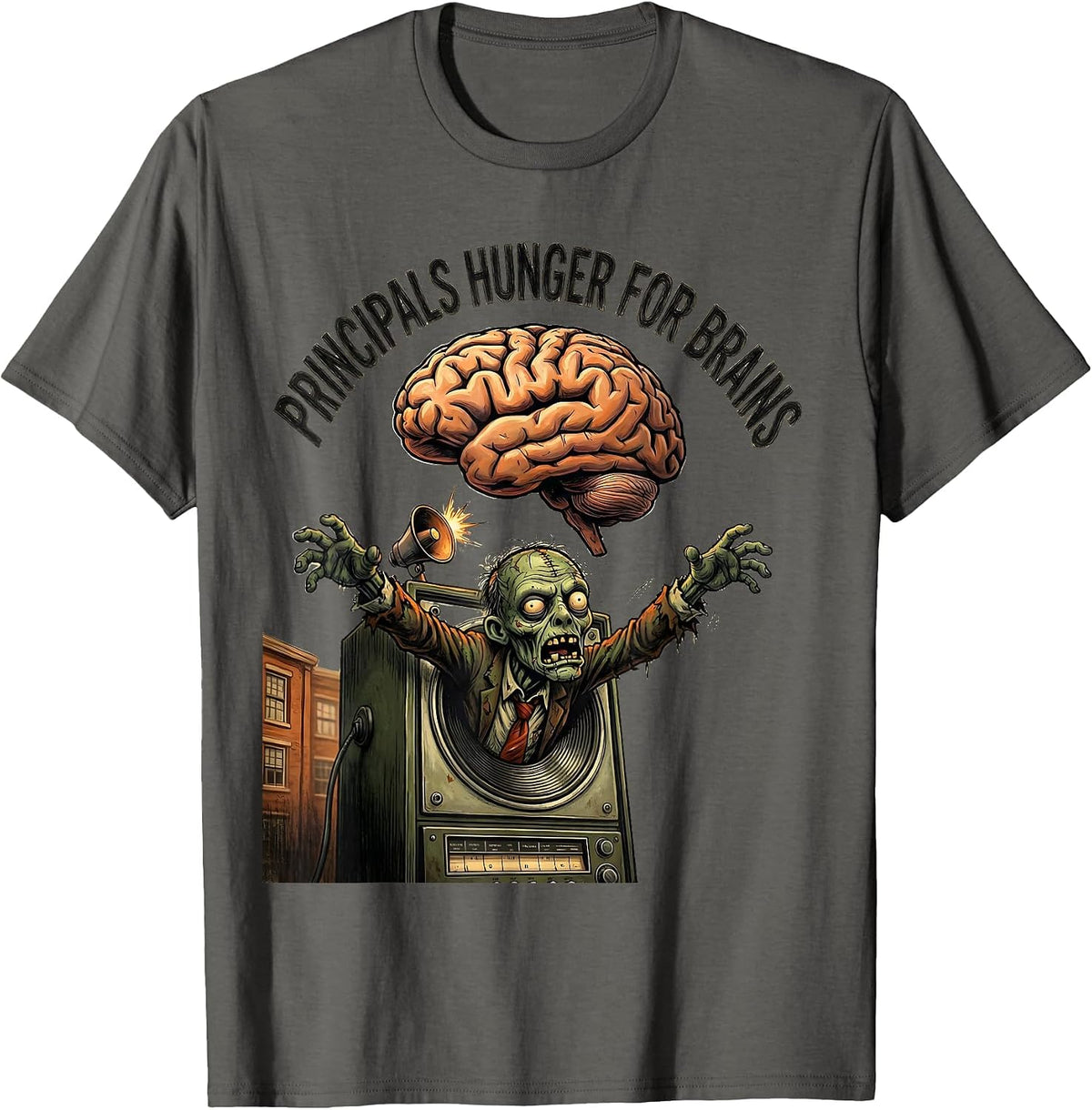 Men's Principals Hunger For Brains Funny Zombie Teacher Halloween T-Shirt - Asphalt Grey