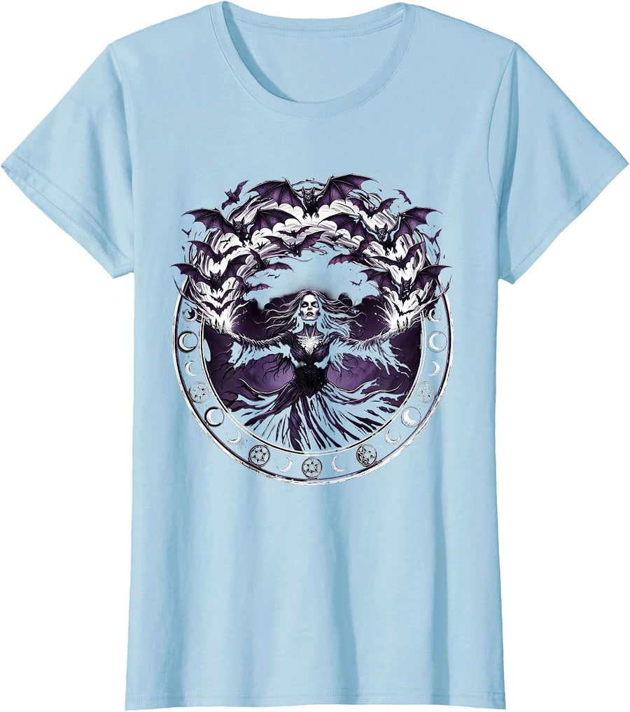 Women's Goth Woman Releasing Bats Dark Art Design T-Shirt - Baby Blue