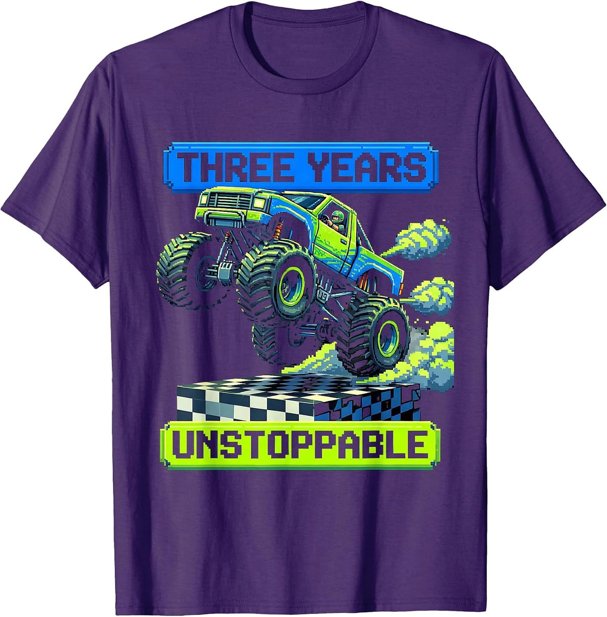 Three Years Unstoppable Pixel Art Monster Truck 3rd Birthday T-Shirt - Purple