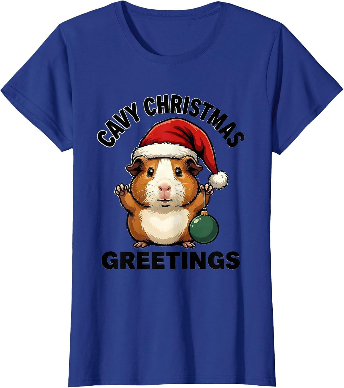 Women's Cavy Christmas Greetings Cartoon Guinea Pig Santa Hat Humor T-Shirt - Royal Blue