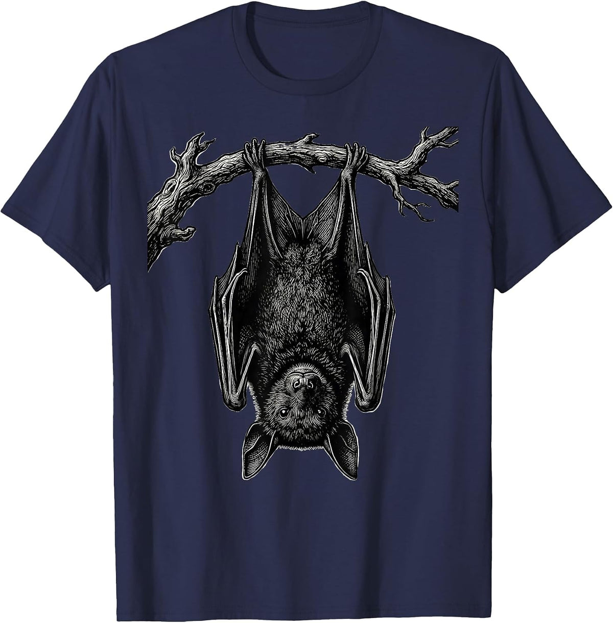 Men's Bat Hanging Woodcut Engraving Gothic Bat Lover T-Shirt - Navy Blue