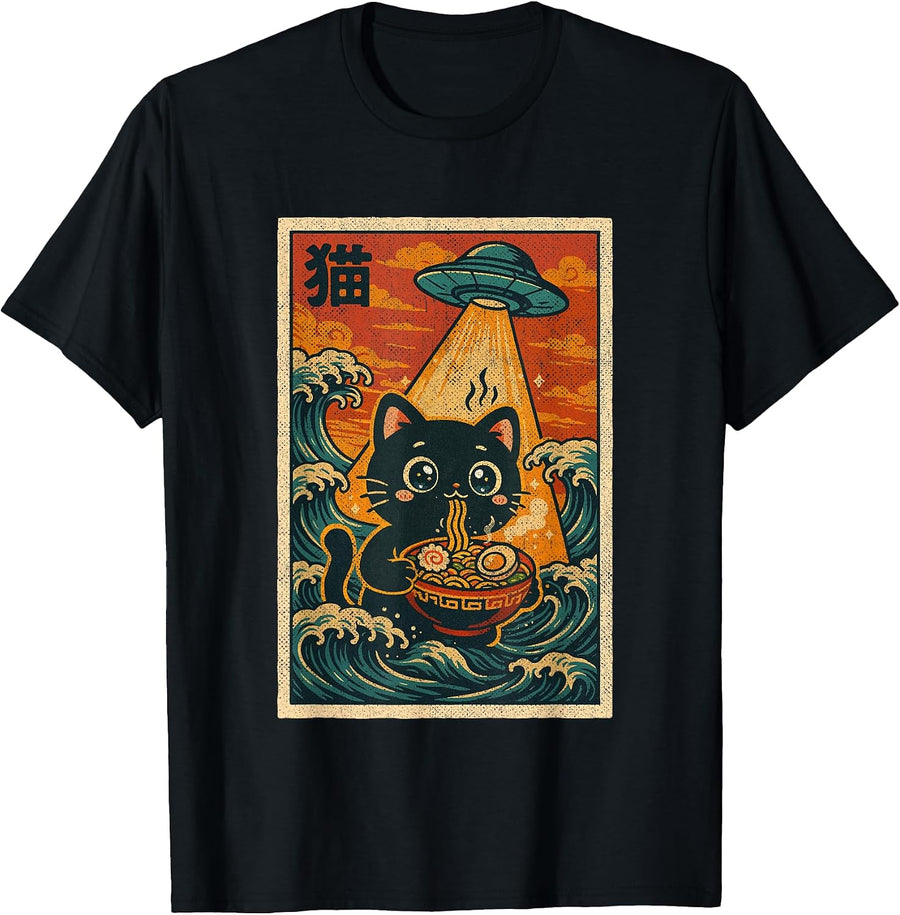 Vintage Japanese Anime Ramen Ukiyo-e UFO Funny Kawaii Cat T-Shirt, Men, Black, Small - As Pictured