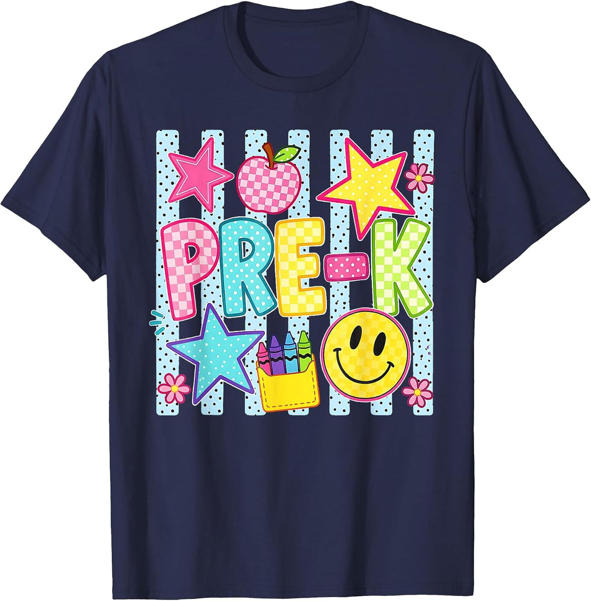 Striped Preppy Preschool Back to School Teacher Girl Kids T-Shirt - Navy Blue