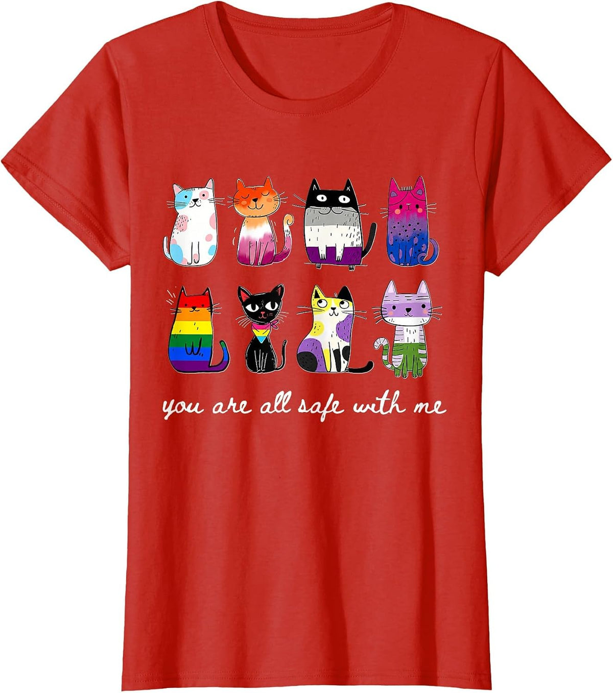 You are All Safe with Me Cute Cat Pride Month LGBT Support T-Shirt - Red