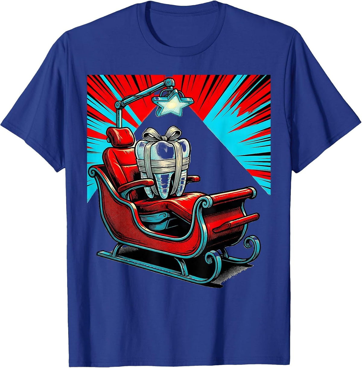 Dental Chair Santa Sleigh Pop Art Dentist Christmas T-Shirt - Royal Blue