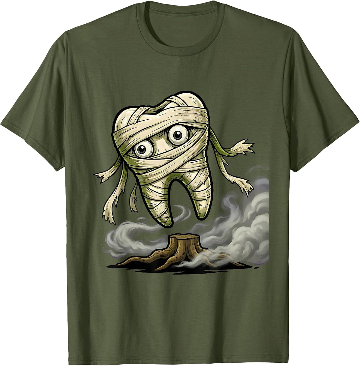 Men's Mummy Tooth Halloween Spooky Dental Design T-Shirt - Olive Green