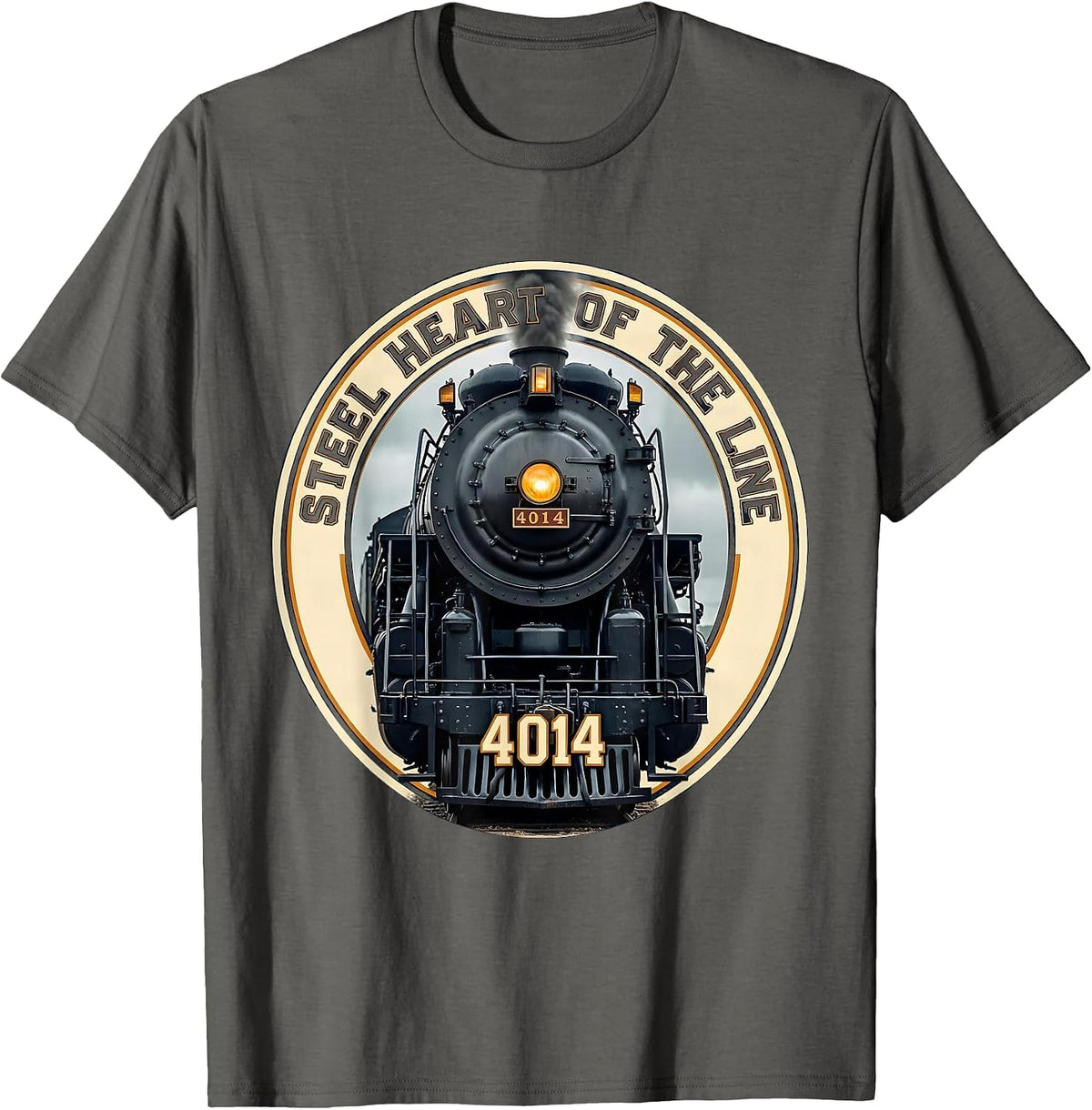 Men's Steel Heart Of The Line Vintage Steam Locomotive Railroad T-Shirt - Asphalt Grey