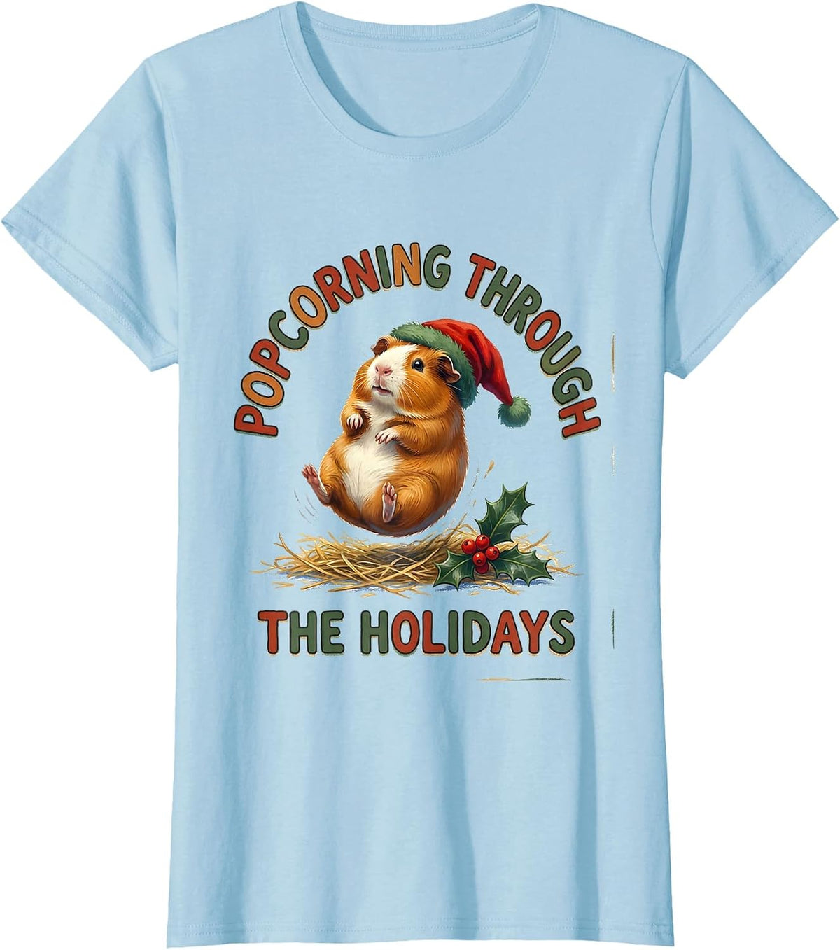 Women's Popcorning Through The Holidays Storybook Guinea Pig T-Shirt - Baby Blue