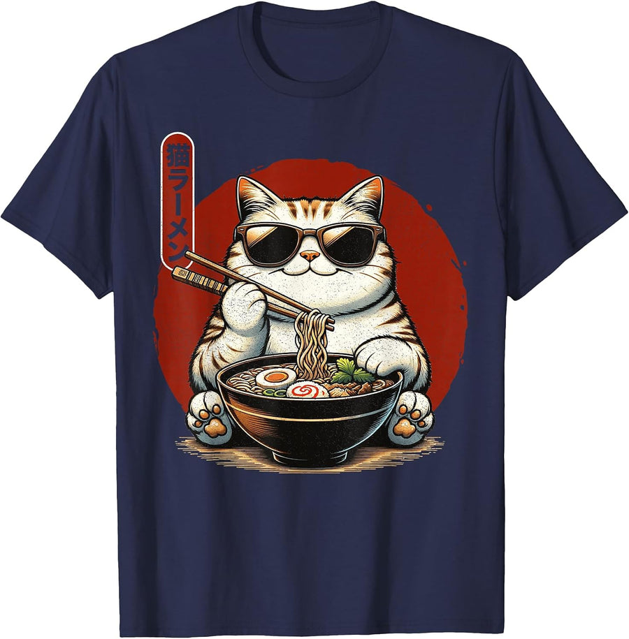 Ramen Cat Kawaii Anime Japanese Kawaii Neko T-Shirt - Navy Blue