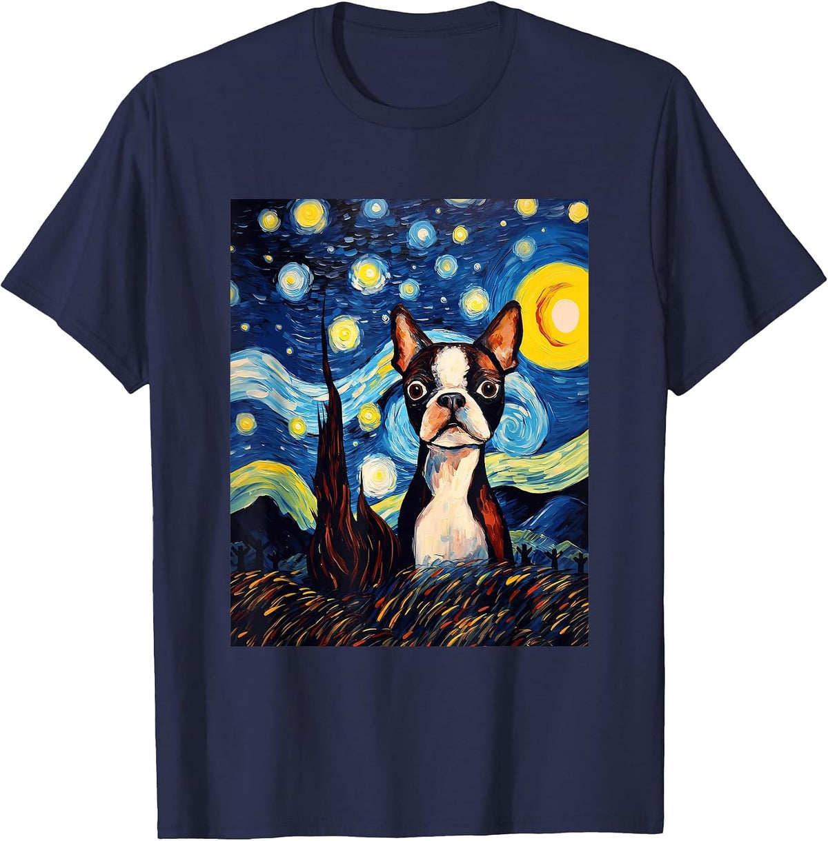 Boston Terrier Starry Night Van Gogh Art T-Shirt - Navy Blue