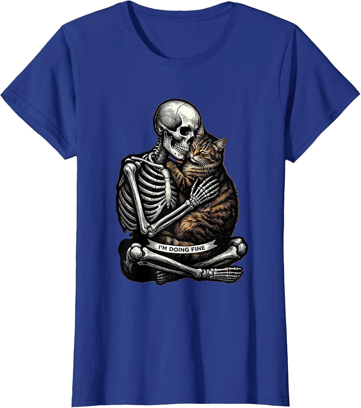 Women's I'm Doing Fine Scratchboard Skeleton Hugging Cat Halloween T-Shirt - Royal Blue