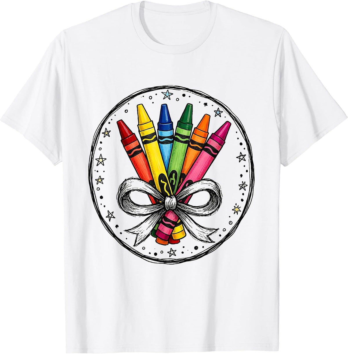 Men's Kindergarten Teacher Crayon Bundle Bow Graphic T-Shirt - White