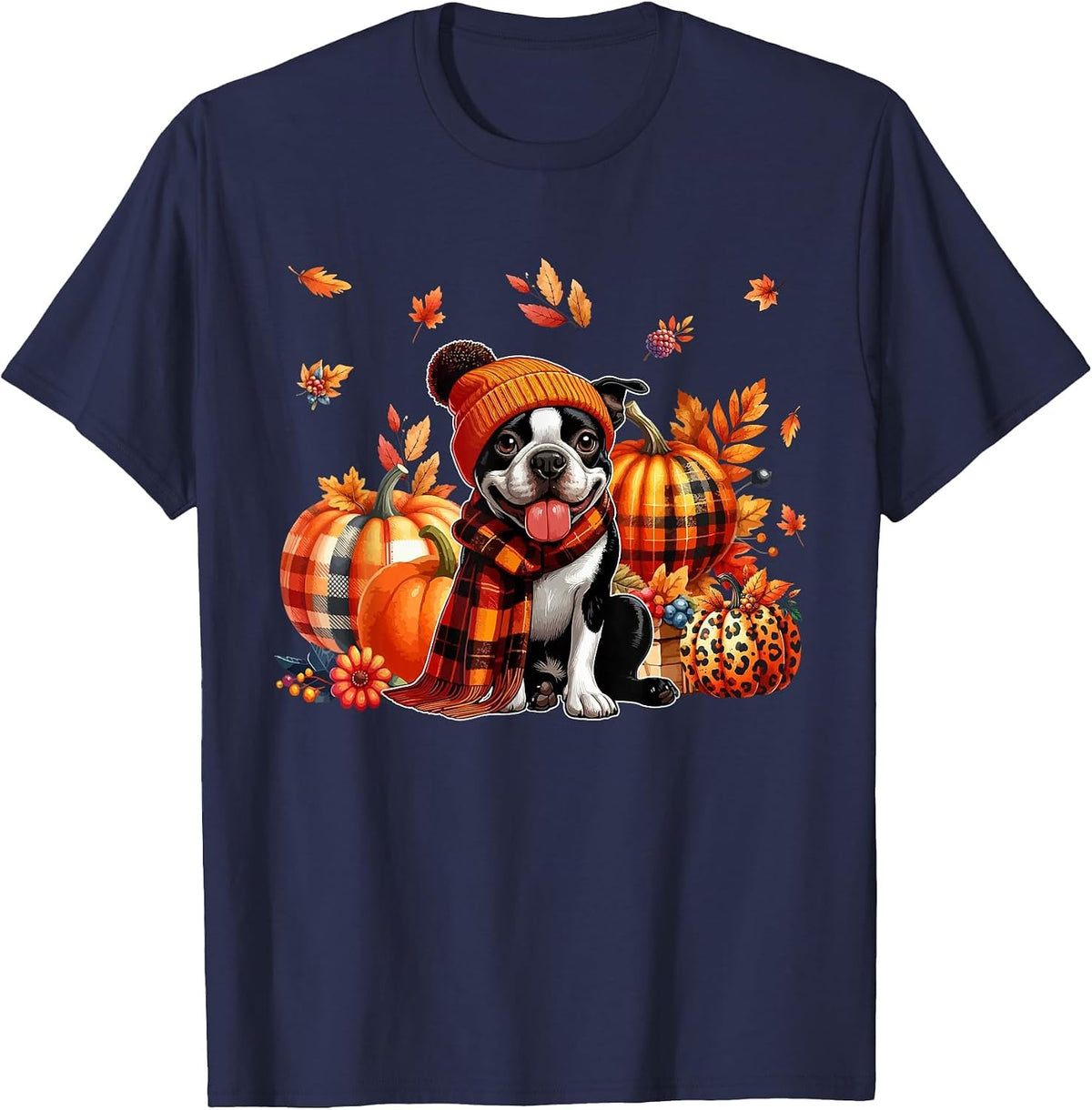Boston Terrier Thanksgiving Leopard Pumpkins Fall Leaves T-Shirt - Navy Blue